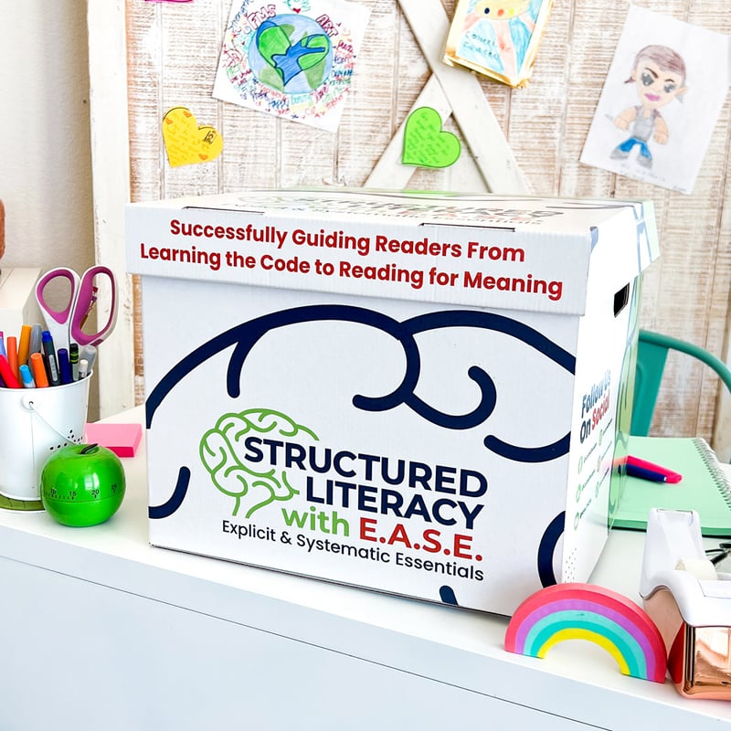 file box that reads, Structured Literacy with E.A.S.E., Explicit & Systematic Essentials, Successfully Guiding Readers From Learning the Code to Reading for Meaning