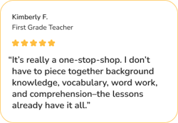 Kimberly F. testimonial that reads, "“It’s really a one-stop-shop. I don’t have to piece together background knowledge, vocabulary, word work, and comprehension–the lessons already have it all.”